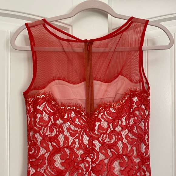 Tadashi Shoji orange red illusion lace midi dress size 2 - Picture 3 of 9